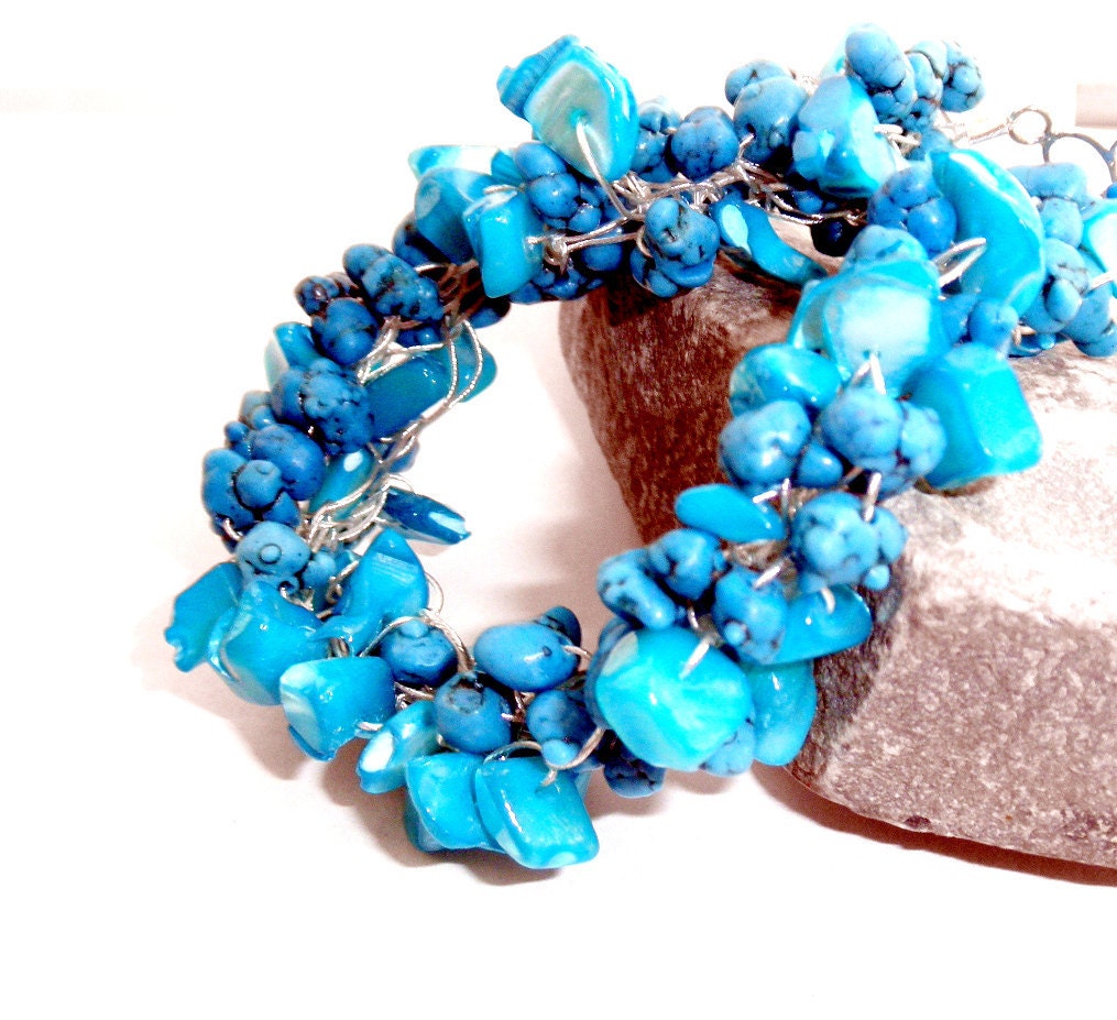 Turquoise and Aquamarine Statement Bracelet, Cuff Bracelet - StemDesigns