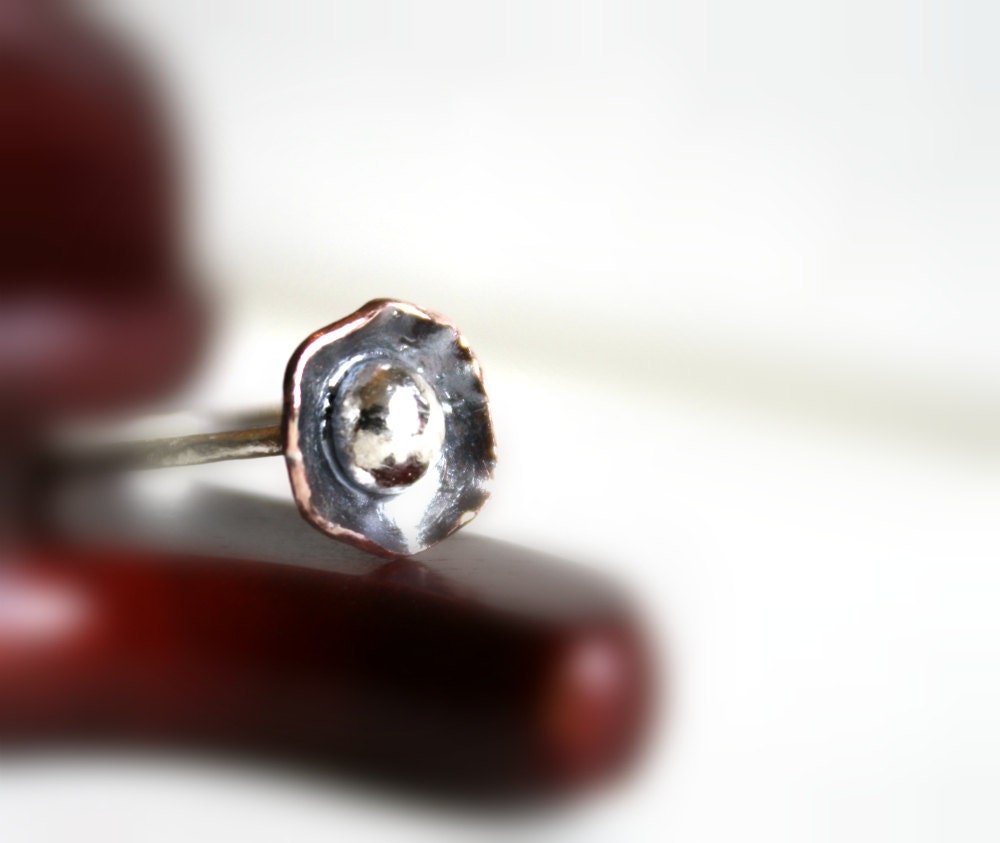 Sterling Silver and Copper Oxidized Abstract  Flower Ring, Pinky Ring