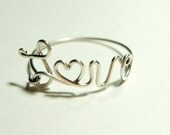 sterling silver 925 love wire heart-  script- word- love derby- wife ring