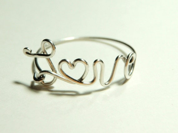 sterling silver 925 love wire hearth- script- word- love derby- wife ring