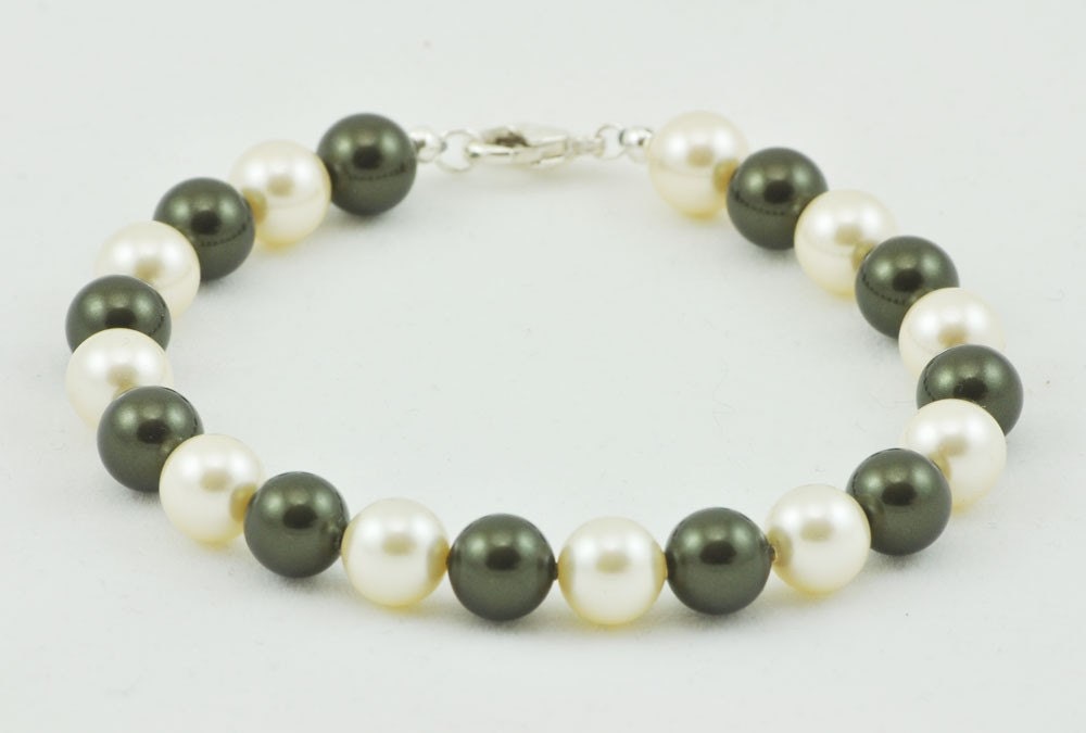 Handmade Olive and Cream Swarovski Crystal Pearl Bracelet - Sterling Silver