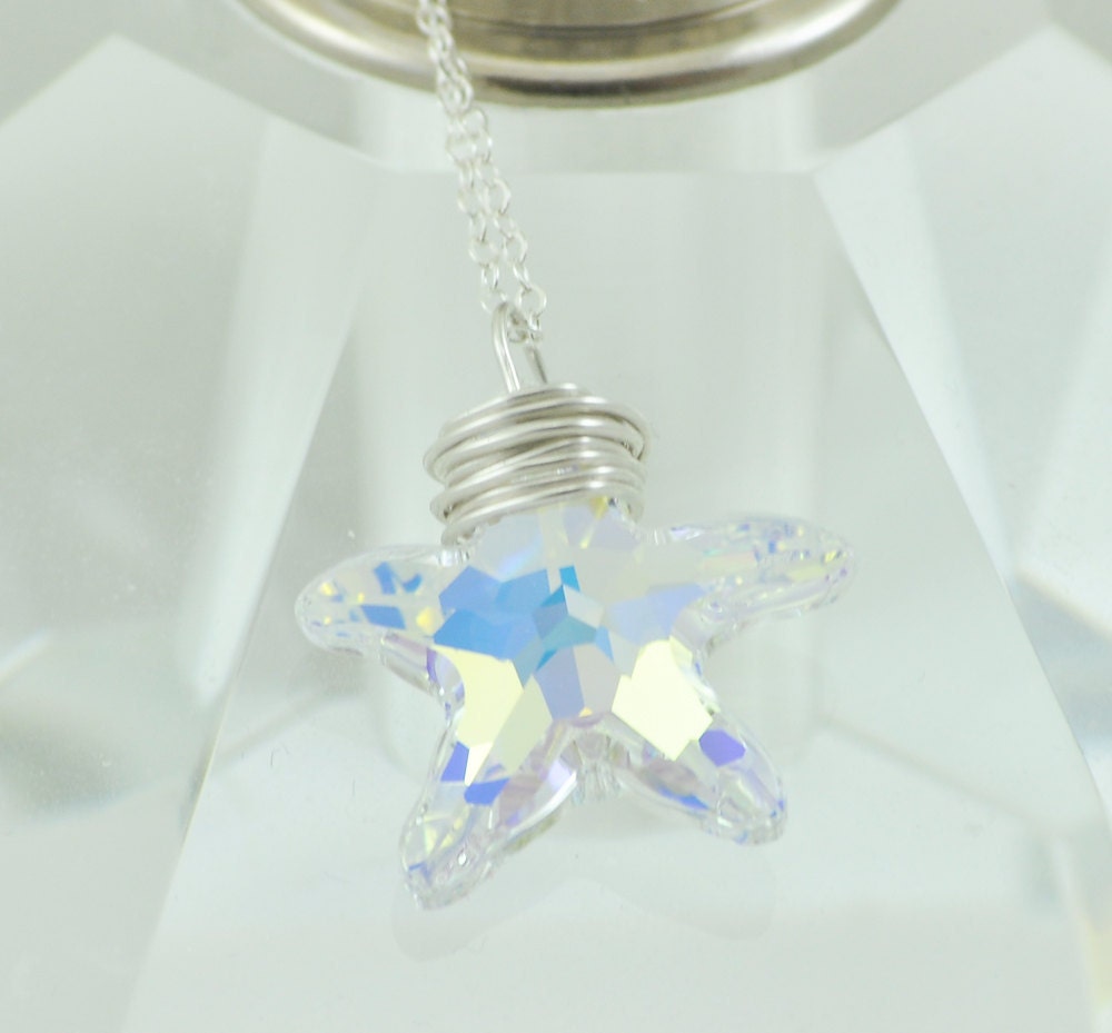 Aurora Borealis, AB, Swarovski Crystal Starfish Necklace, Faceted Pendant, Beach and Ocean Themed, Sterling Silver, Hand Wrapped