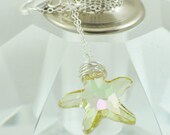 Beach and Ocean Themed Necklace, Swarovski Crystal, Faceted Pendant, Starfish Necklace, Sterling Silver, Hand Wrapped, Luminous Green