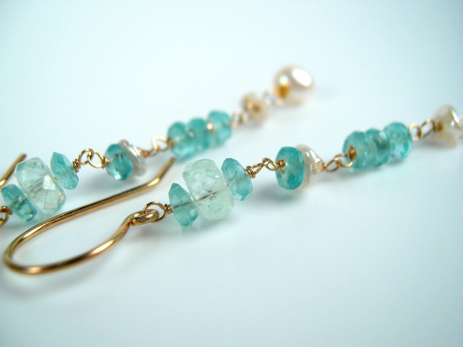 Apatite and Aquamarine Long Dangle Earrings, Beaded Chain with Pearl by dirtyrice on etsy