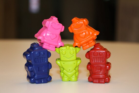 5 robot crayons - in cello bag tied with ribbon