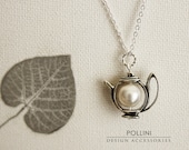 Have a Tea Necklace. Antique Silver Teapot with Swarovski Pearl. Pastel (SNL-01)