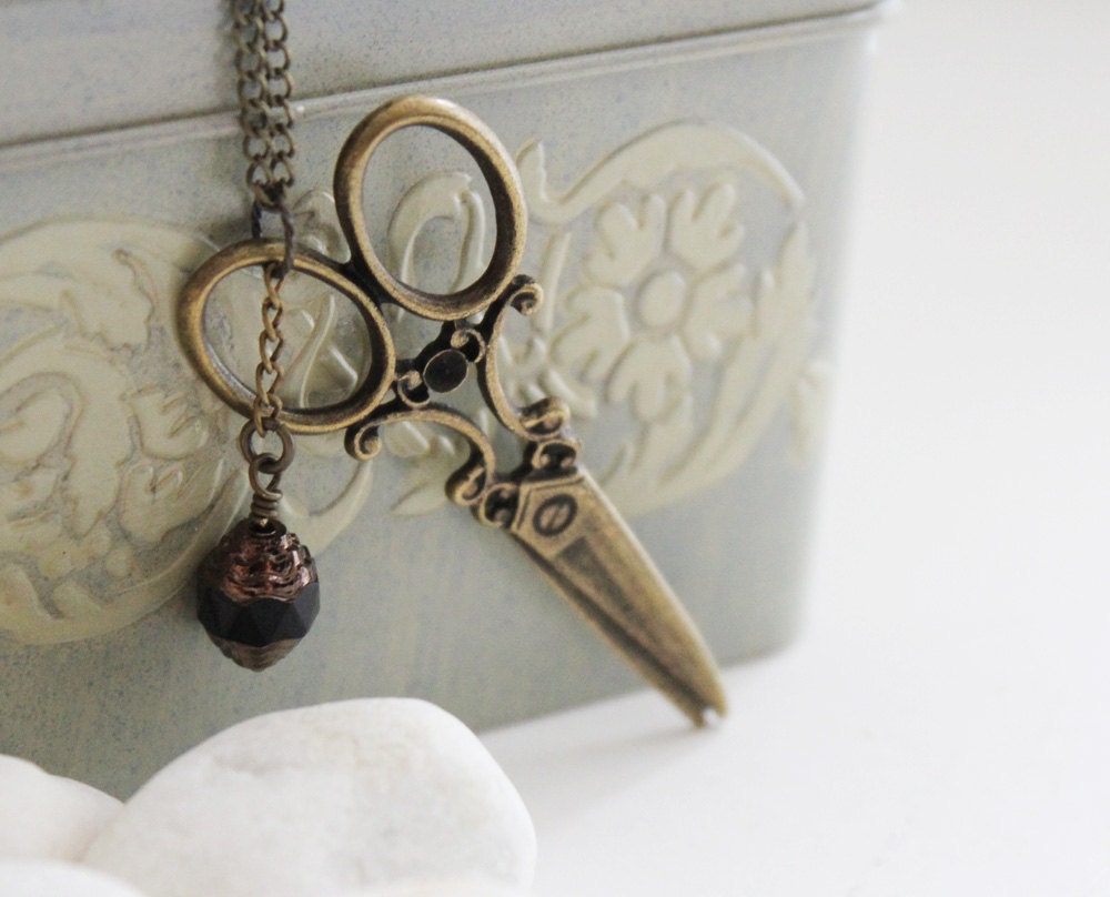 Victorian Scissors.  Antique Gold Long Necklace Decorated with Antique Style Bead (NL-07)