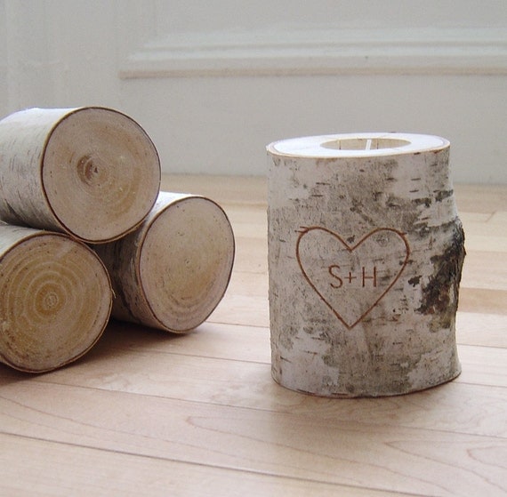 personalized natural white birch wood candle holder - carved heart & initials