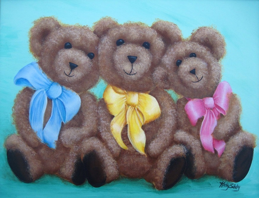Adorable Teddy Bears Babies, Original Painting, Framed 11 x 14 inches