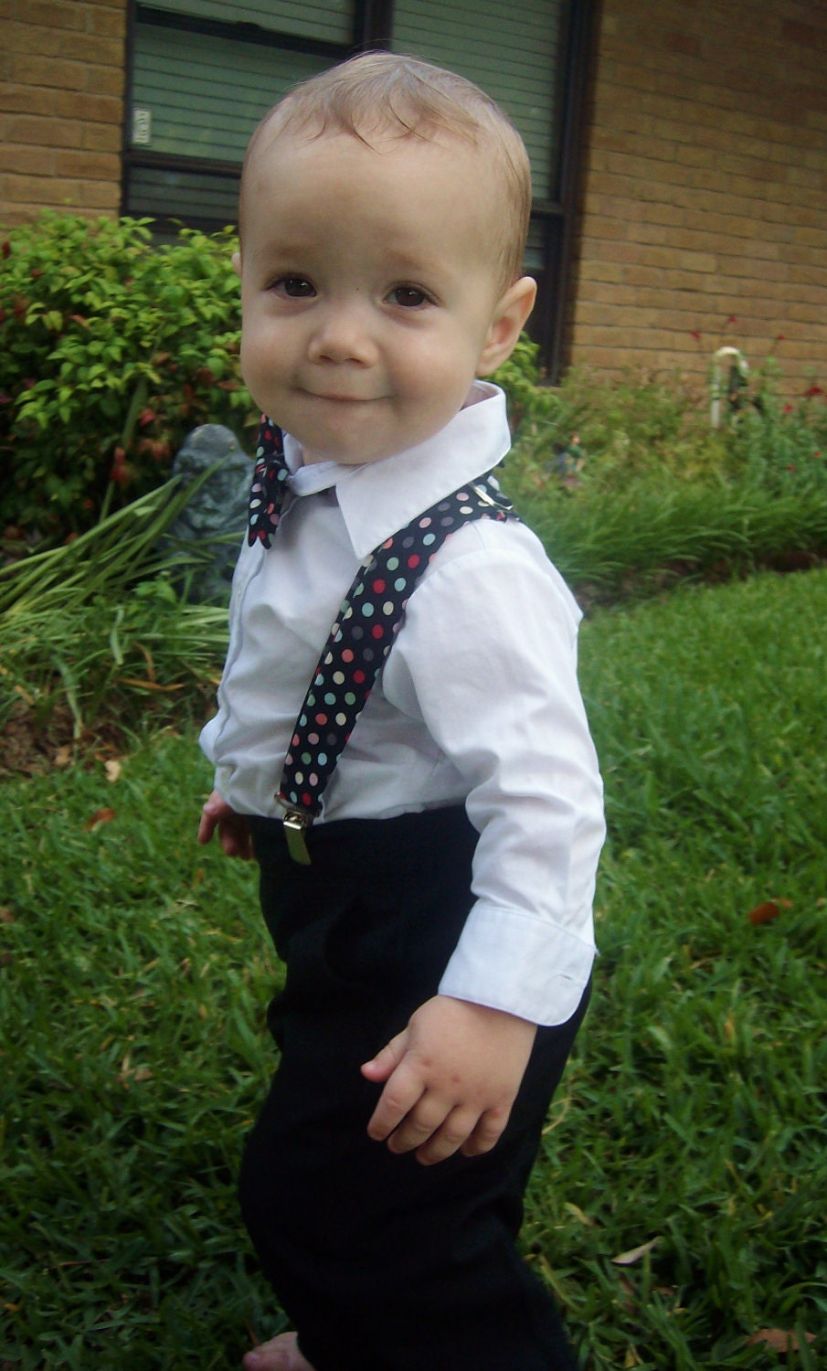 bow tie and suspenders for toddler boy - harvest green gold orange plaid
