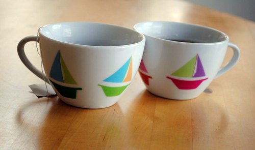 sailboat tea cups -- set of two ceramic cups