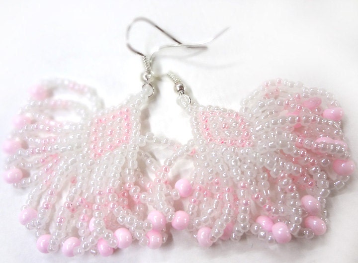 Soft Pink Earrings - Danlging Brick Stitch on Hooks or Clip Ons - MegansBeadedDesigns