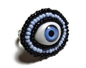 Blue Evil Eye Ring - Adjustable Bead Embriodered Backed with Velvet Fabric - MegansBeadedDesigns