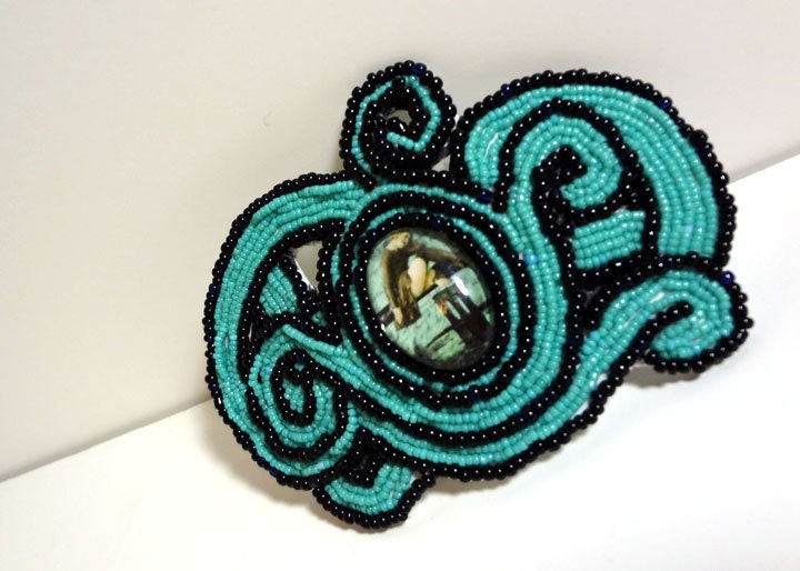Whimsical Black and Turquoise Barrette - Beaded Hair Clip