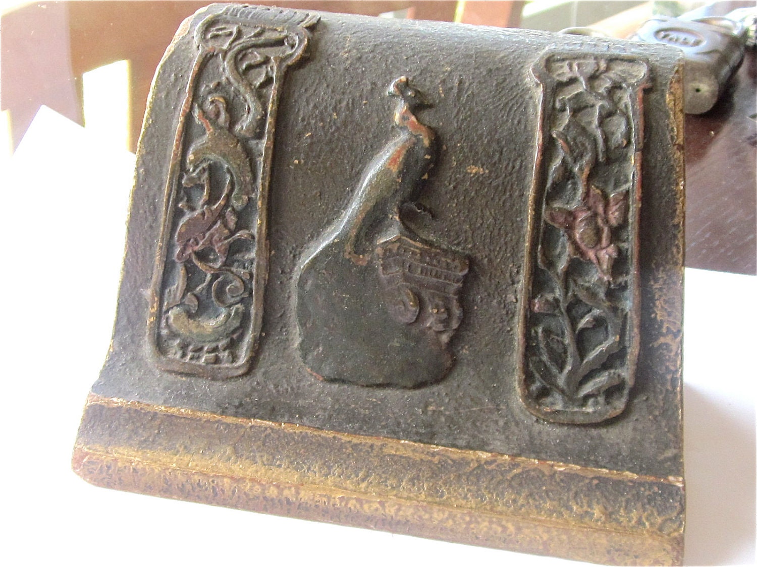 C. 1910 Wood Bookend with Peacock