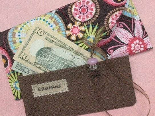 SIX Cash Envelopes Brown or Pink with Designer Carrier and Velcro Coin Pouch/Sale