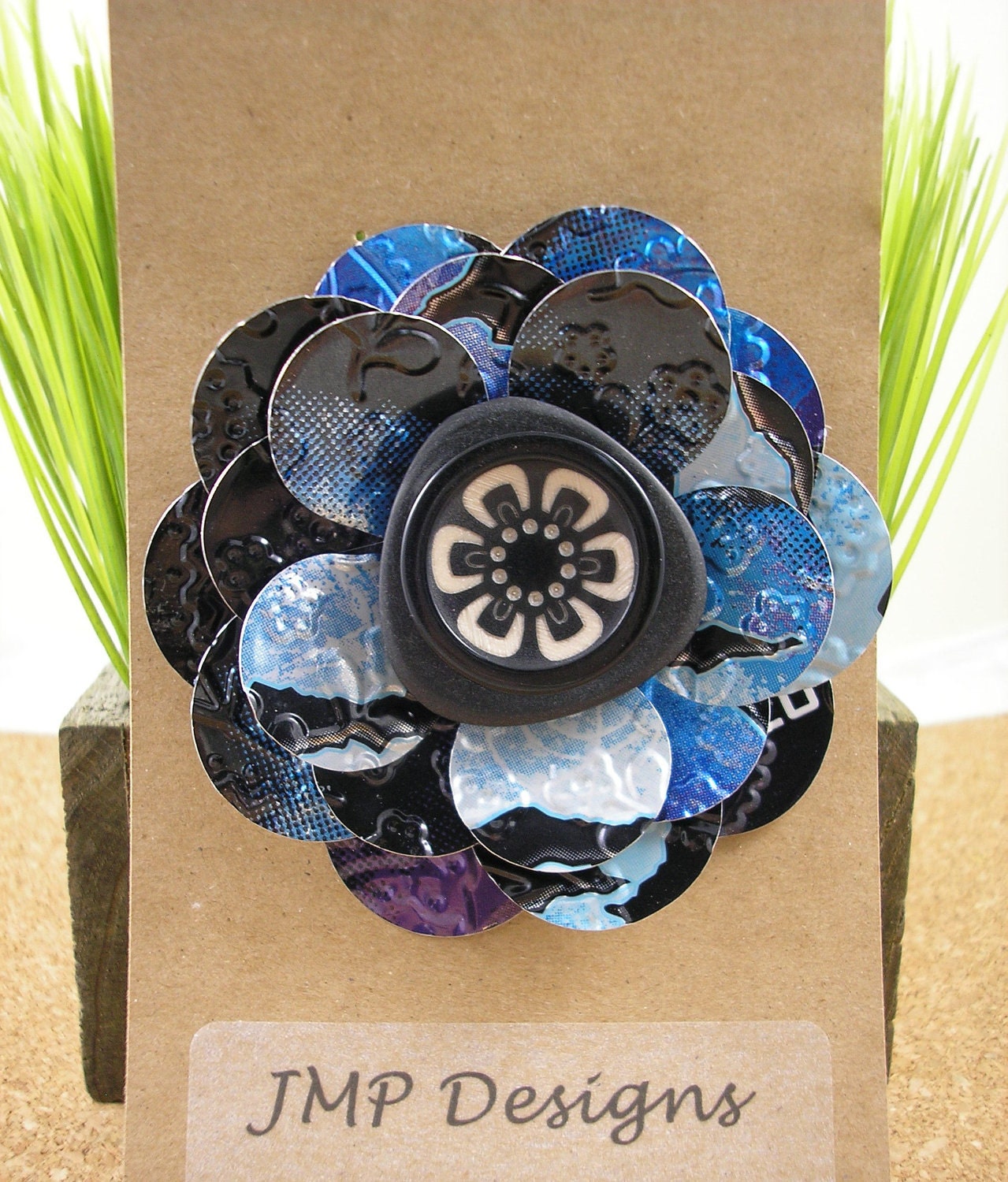 Recycled Soda Can Art. Blue Rose with Button Brooch/Pin. Monster Blue Flower
