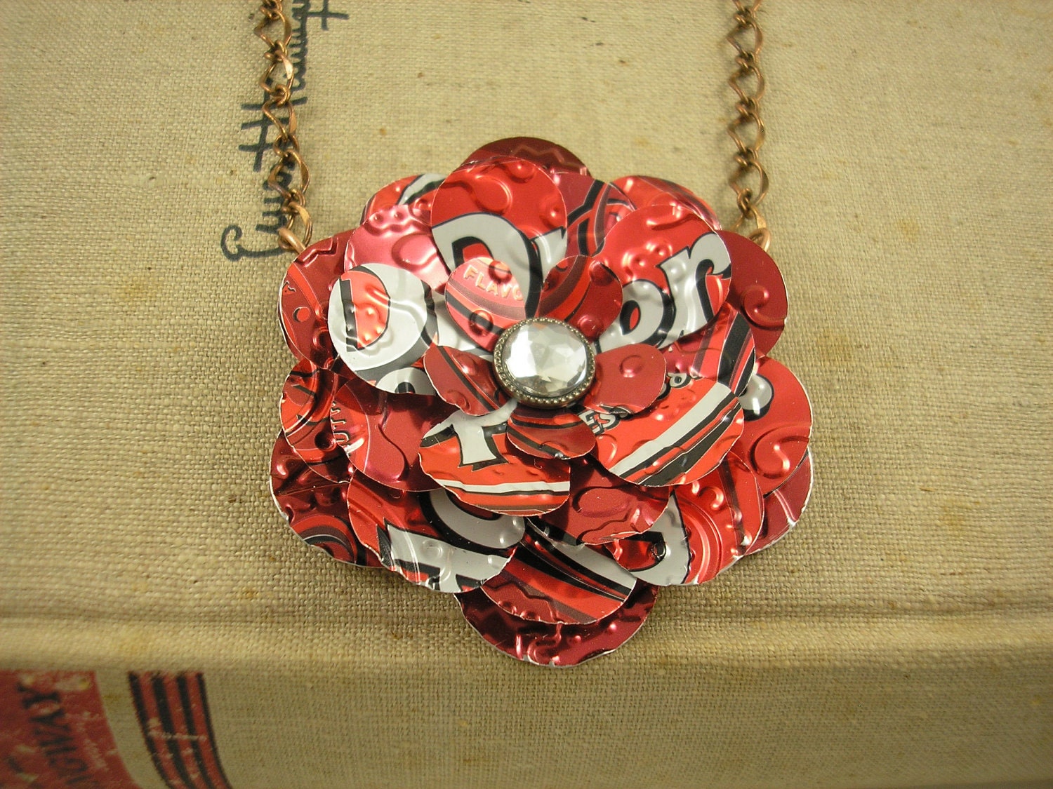 Dr Pepper Rose Necklace.  Recycled Soda Can Art.   Dr Pepper