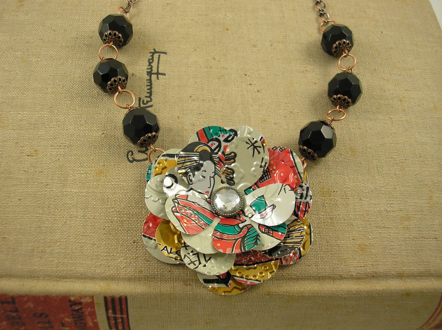 Geisha Rose and Black Bead Necklace . Recycled Soda Can Art. AZ Tea