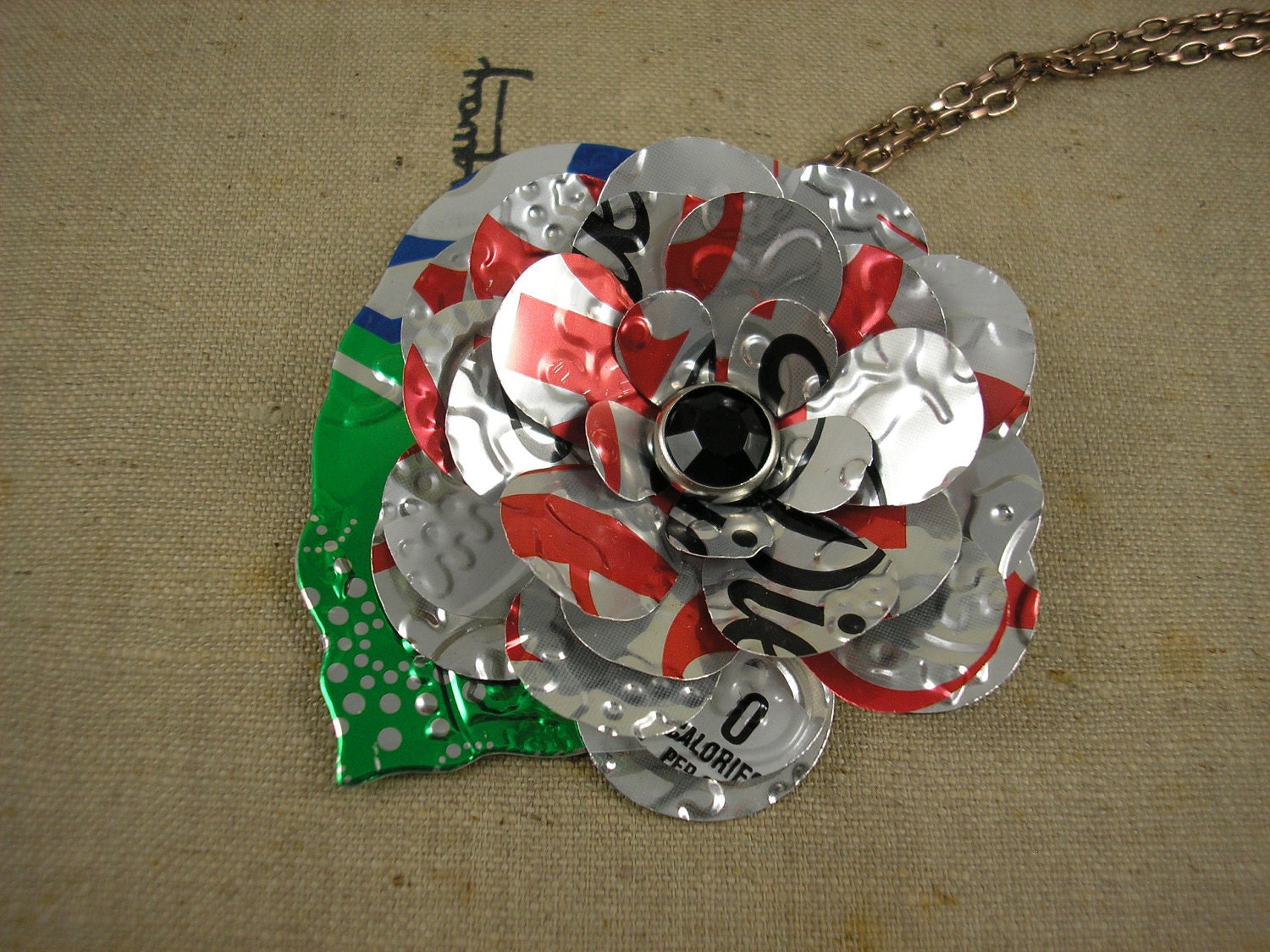 TRENDY 30 inch Pendant Necklace. RecycledcSoda Can Art - Diet Coke Flower and Leaf