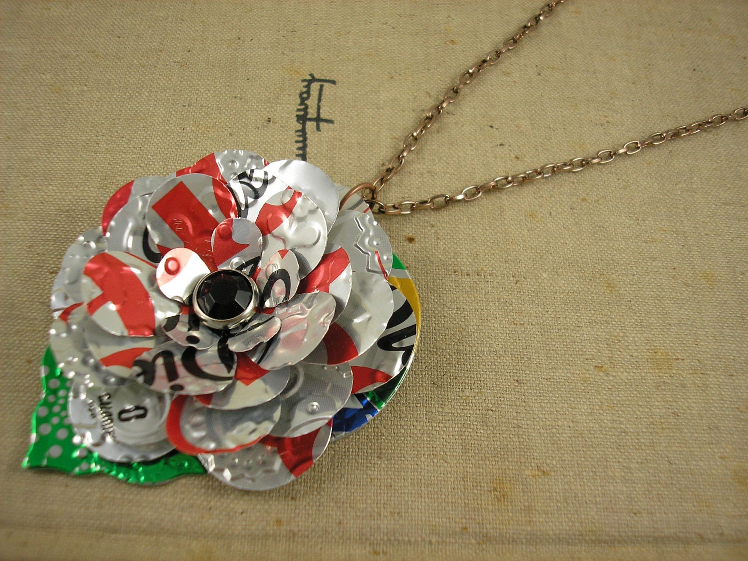 TRENDY 30 inch Pendant Necklace. RecycledcSoda Can Art - Diet Coke Flower and Leaf
