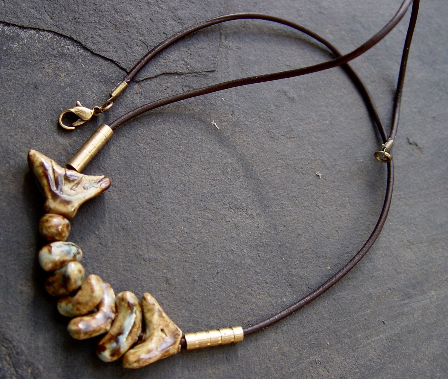 Swimming In Circles - Unique Porcelain Fish Vertebrae Focal with Brass and Leather Necklace boho gypsy tribal
