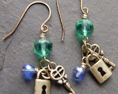 Teal Cathedral Beads, Locks and Keys, Brass Earrings