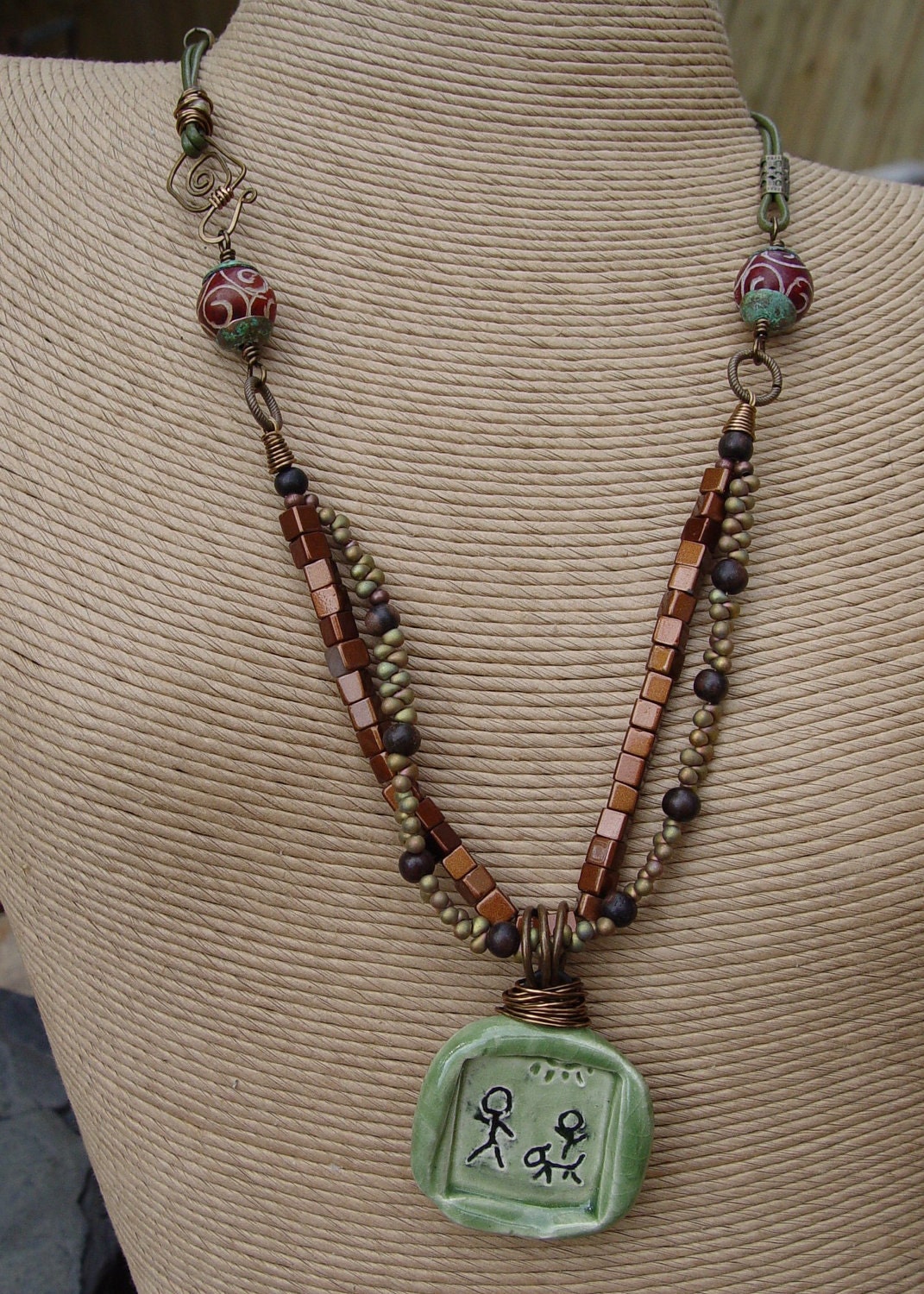 Earthenware Stick Children and Dog Pendant, Carved Jade, Kamagong Ebony, Glass Leather Handmade Necklace