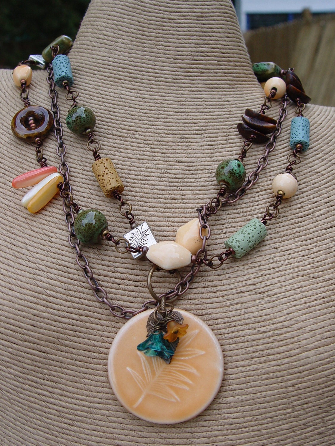 It's Spring In the Ozarks - Earthenware Pendant, Multi-Strand Necklace Multi-Media