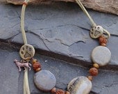Paint Brush Jasper, Rudraksha Prayer Beads,  Horn and Leather Choker Style Necklace