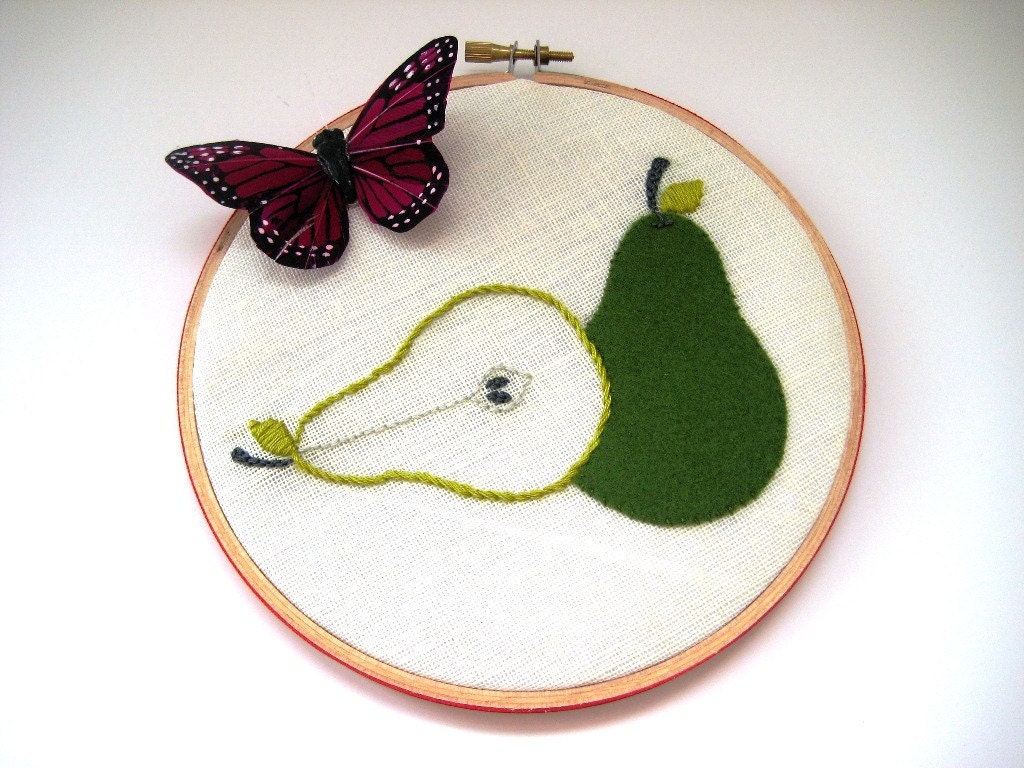 Pear Hoop Art / Wall Wear - hand embroidered pure wool felt in 6 inch wood hoop.  Green