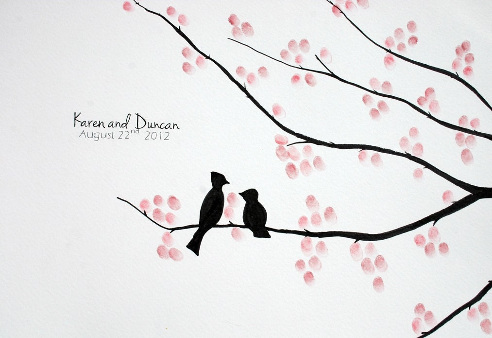 Wedding Guest Book Tree. Original Thumb Print Painting/Illustration- Cherry Blossom Branches