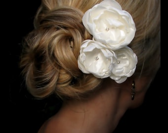 Kate bridal hair flowers,  ivory satin flowers with rhinestone centers, bridal hair accessories