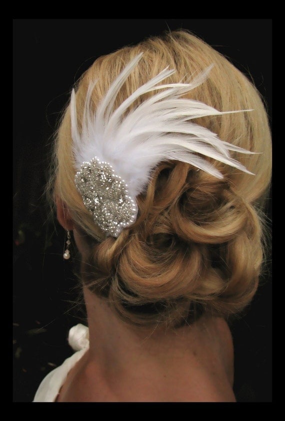 Haley - Stunning Feather Fascinator with Rhinestone Accent Piece, bridal hair accessories, feather hair accessories