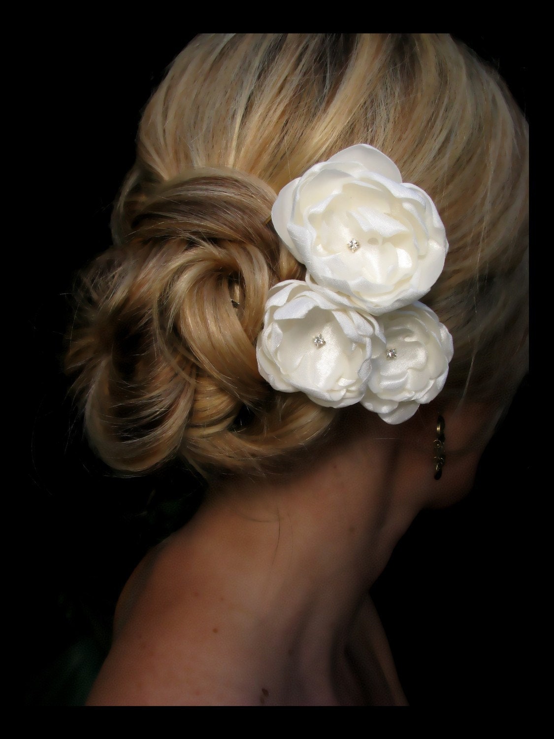 Kate bridal hair flowers,  ivory satin flowers with rhinestone centers, bridal hair accessories