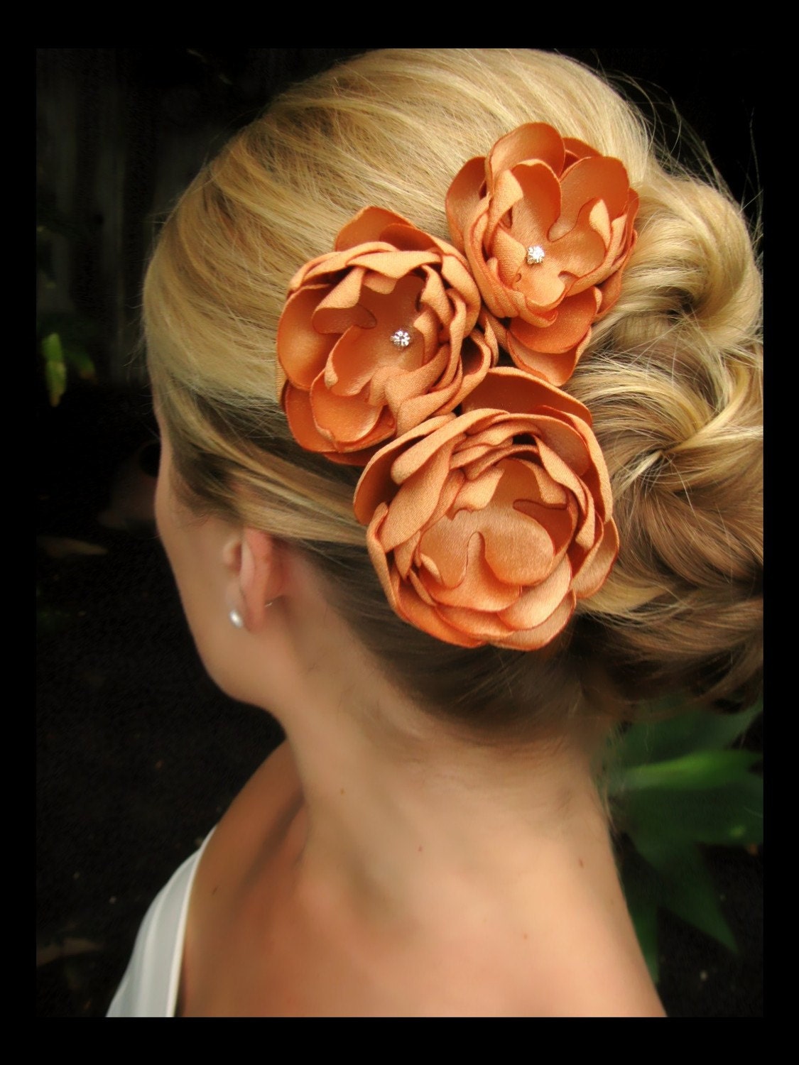 Dalila bridal hair accessories,  light golden orange satin flowers with rhinestone centers, bridal hair accessories, bridal hair flowers