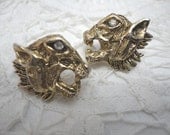 Vintage Post Roaring Tiger or Lion Head Earrings with Rhinestone Eyes