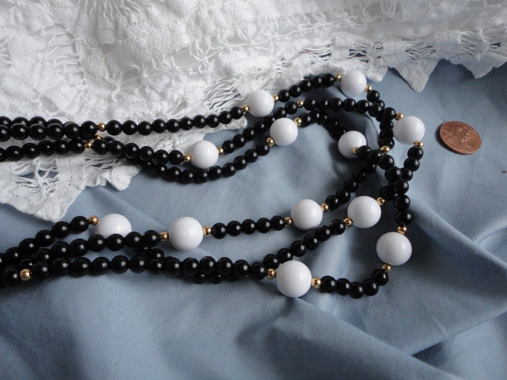 Triple Strand Black and White Beaded Necklace by Monet Vintage Jewelry