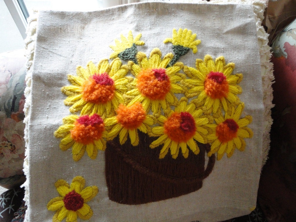 Unframed Vintage Needlework of Basket of Daisies Yellow and Orange
