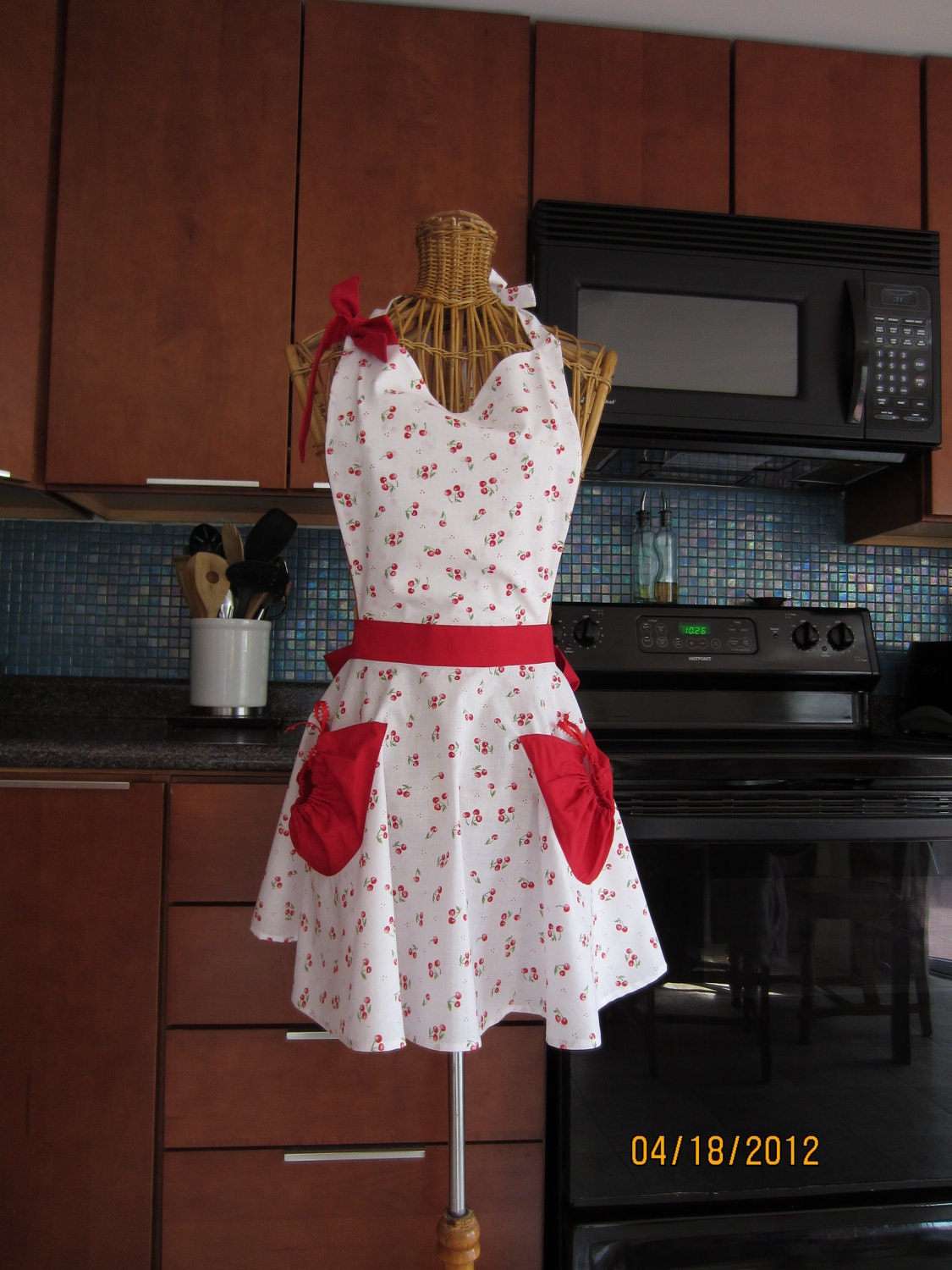 Cherry Retro Inspired Hostess Apron with Full Skirt and red gathered pockets and waistband