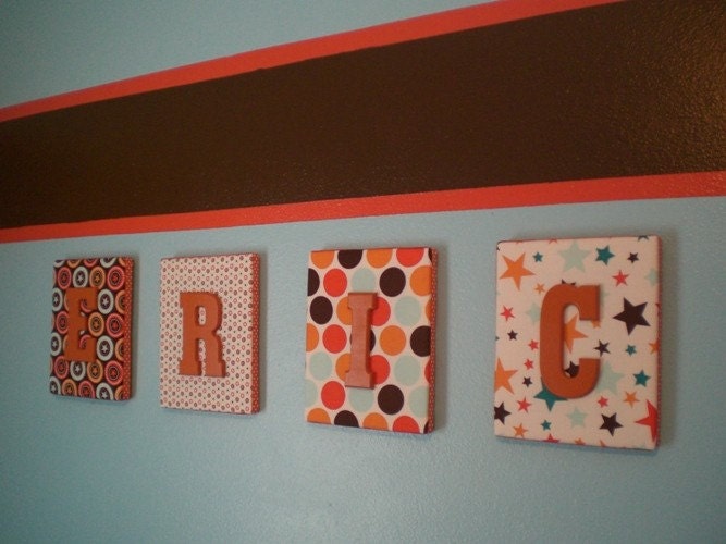 Wall Letters, 8x10 Framed Monogram, Riley Blake Star and Polka Dot, Mod Nursery Letters, Painted Letters, Wood Letters, Fabric Letters