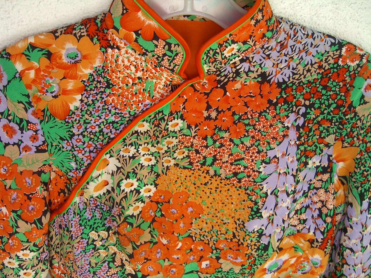 Vintage Cheongsam Kimono Orange Silk Floral Padded - OurModernHistory