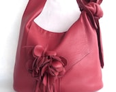 red leather  handbag or shoulder messenger with detachable hat pin or brooch  flower by Tuscada. made to order