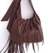 brown leather handbag, shoulder purse, messenger with flower, rose, fringe and ruffle, by Tuscada. Ready to ship.