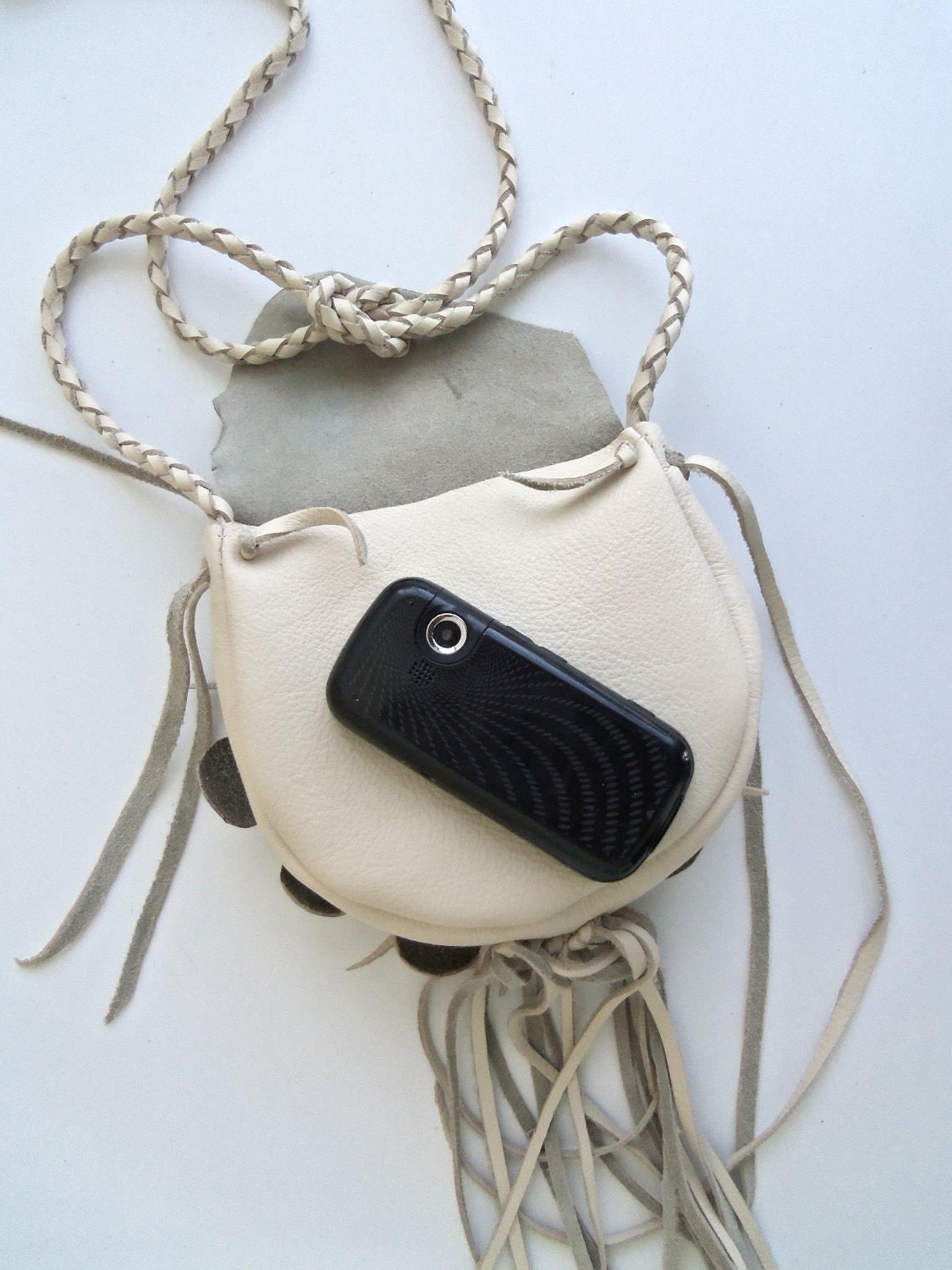 cream vanilla leather handbag, messenger with flower and fringe, by Tuscada. Made to order.