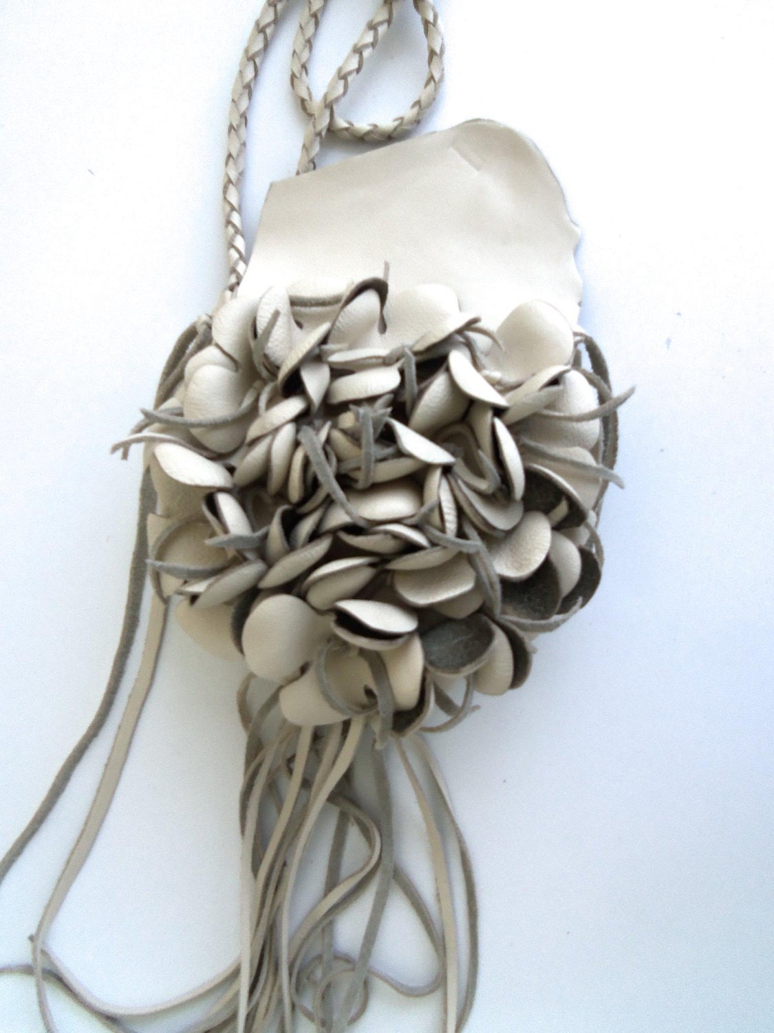 cream vanilla leather handbag, messenger with flower and fringe, by Tuscada. Made to order.