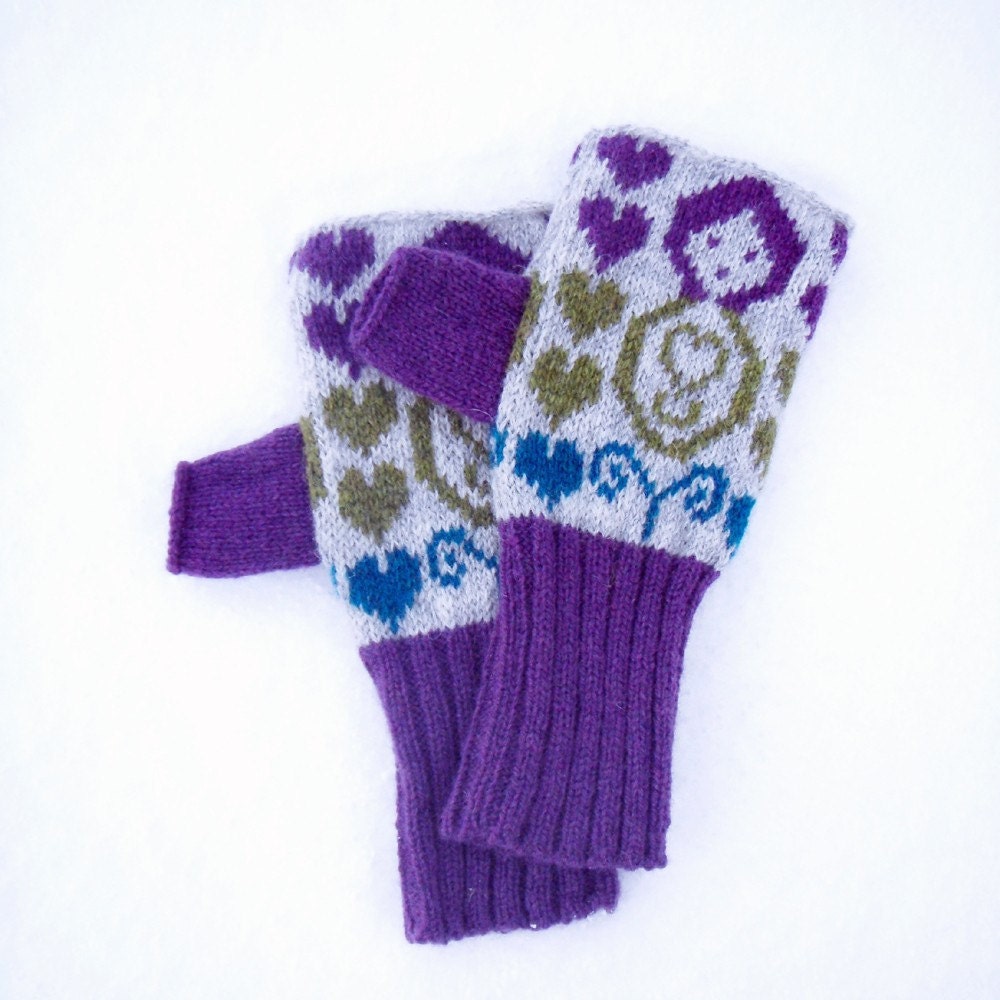 Mini Dolls Knitted Fairisle Handwarmers Purple & Gray/Grey