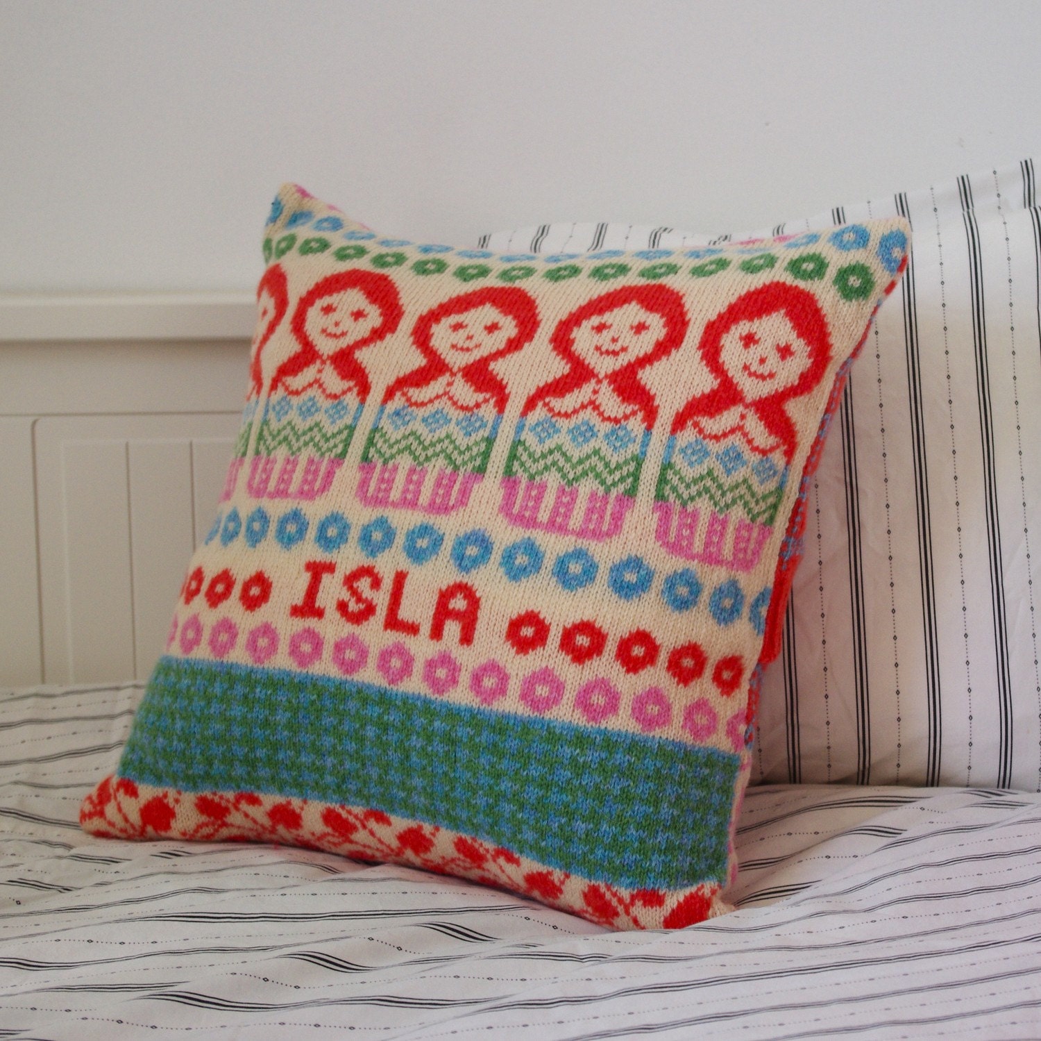 Personalized Dolly mix Fairisle Knitted cushion soft shades. - clovaknits