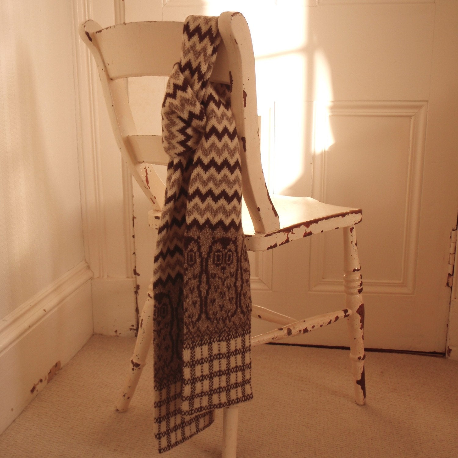 Owl Bird Knitted Fairisle Scarf  in Cream and Brown