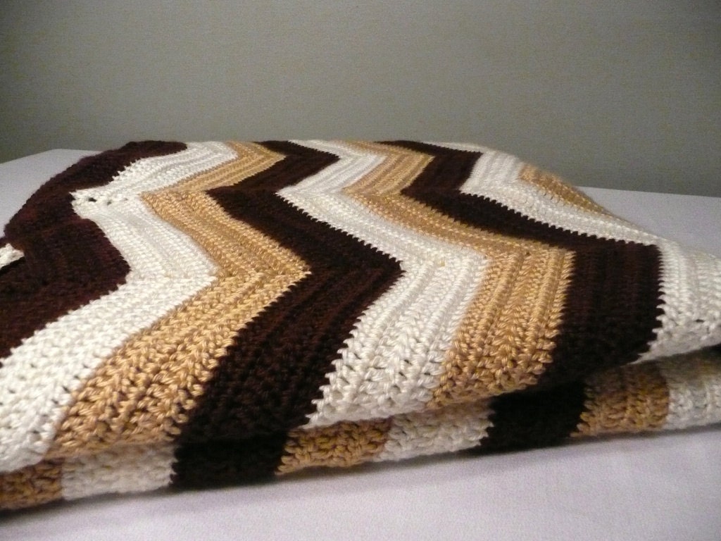 Brown, Wheat, Cream Ripple, Chevron, Crochet Afghan with Dbl Heart or Personalized Sterling Silver Charm